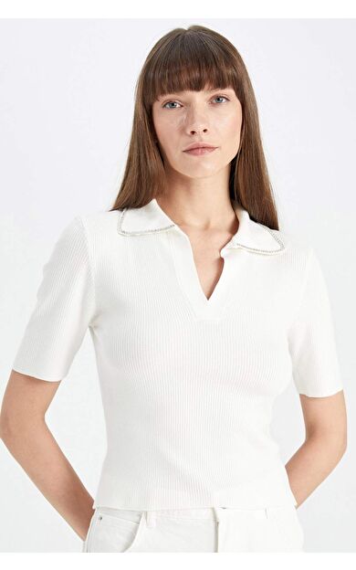 DeFacto DeFactoFit Fitted Polo Yaka Ribana Kısa Kollu Tişört