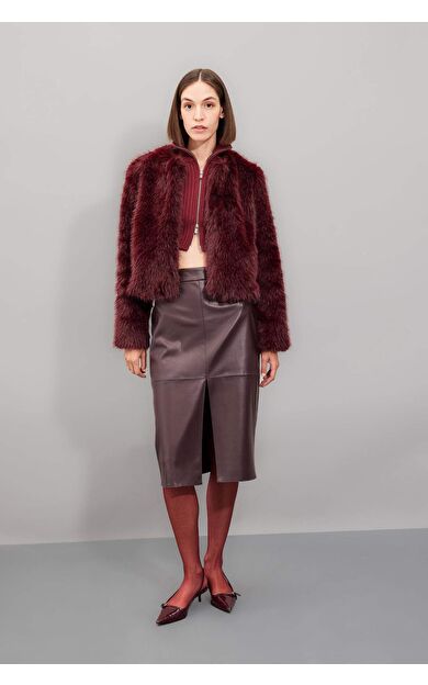 Afra x DeFacto Yüksek Bel Penye Astarlı Yırtmaçlı Midi Suni Deri Bordo Kalem  Etek