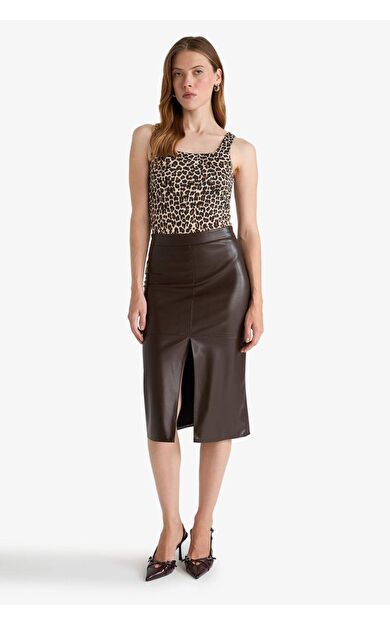 DeFacto Kalem Yüksek Bel Penye Astar Suni Deri Midi Etek