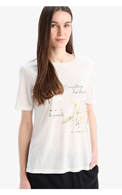 DeFacto Regular Fit Bisiklet Yaka Çiçekli Kısa Kollu Tişört D4654AX25SPER105