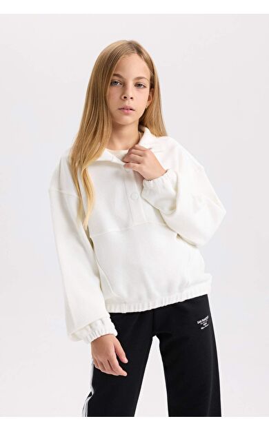 DeFacto Kız Çocuk Relax Fit Çıtçıtlı Dik Yaka Basic Düz Sweatshirt