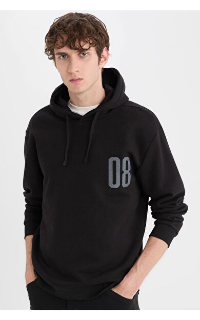 DeFacto Relax Fit Kapüşonlu Baskılı Kalın Sweatshirt