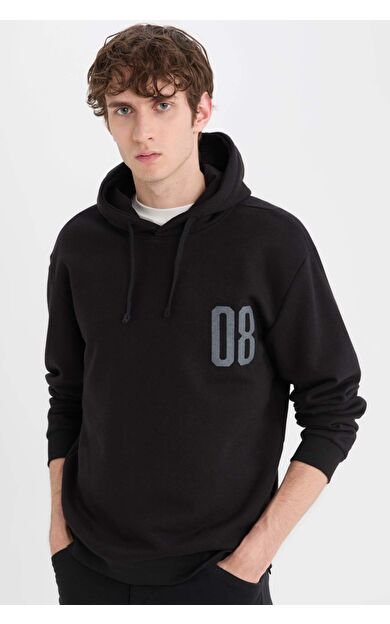 Relax Fit Kapüşonlu Baskılı Kalın Sweatshirt