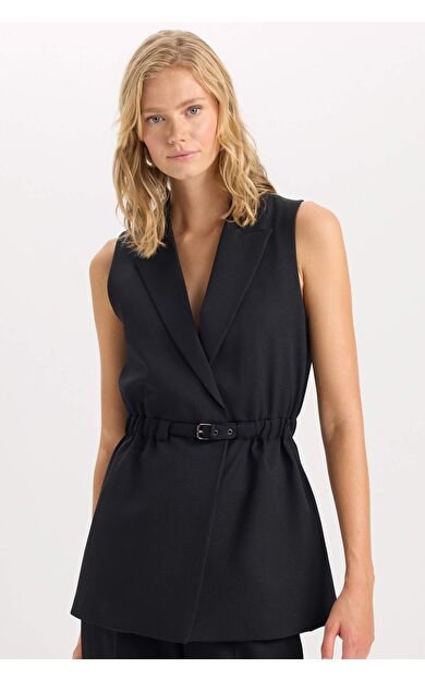 Regular Fit Ceket Yaka Basic Düz Kemerli Kolsuz Blazer Yelek