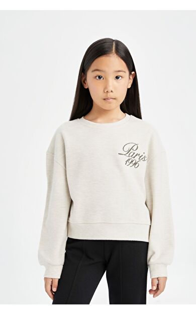 DeFacto Kız Çocuk Relax Fit Bisiklet Yaka Slogan Baskılı Selanik Kumaş Sweatshirt