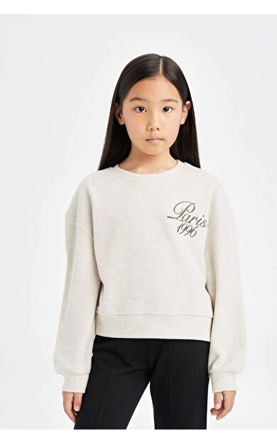 DeFacto Kız Çocuk Relax Fit Bisiklet Yaka Slogan Baskılı Selanik Kumaş Sweatshirt