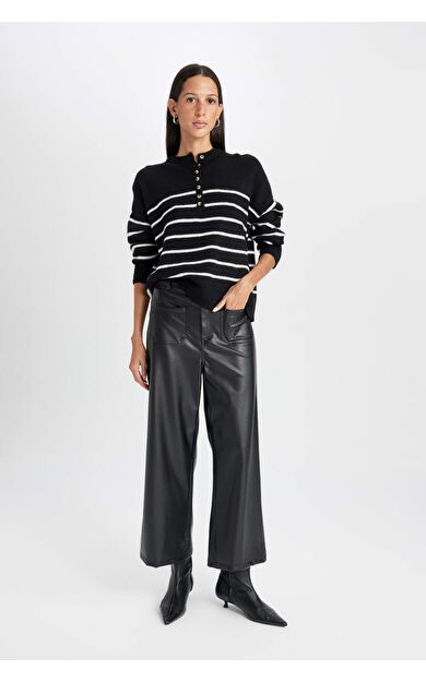 DeFacto Culotte Çift Cepli Yüksek Bel Geniş Paça Suni Deri Pantolon