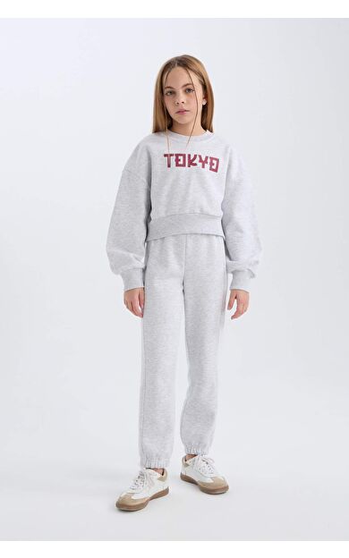 DeFacto Kız Çocuk 2'li Takım Baskılı Kalın Kumaş Sweatshirt Üst Beli Lastikli Jogger Eşofman Altı D4867A824WNGR421
