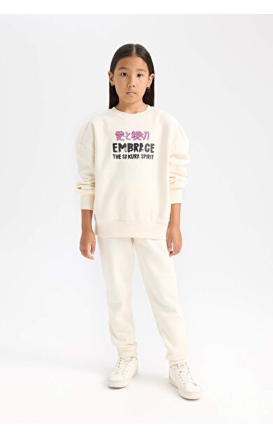 DeFacto Kız Çocuk 2'li Takım Kalın Kumaş Baskılı Sweatshirt Üst Beli Lastikli Jogger Eşofman Altı