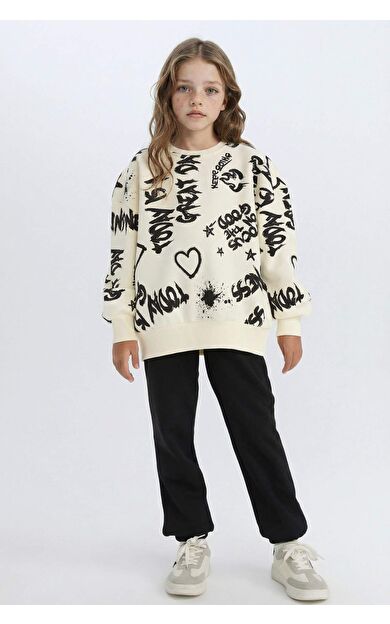 DeFacto Kız Çocuk 2'li Takım Desenli Kalın Bisiklet Yaka Sweatshirt Beli Lastikli Eşofman Altı