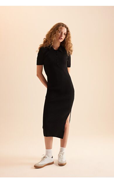 DeFacto Fitted Polo Yaka Ribana Kısa Kollu Yırtmaçlı Midi Elbise