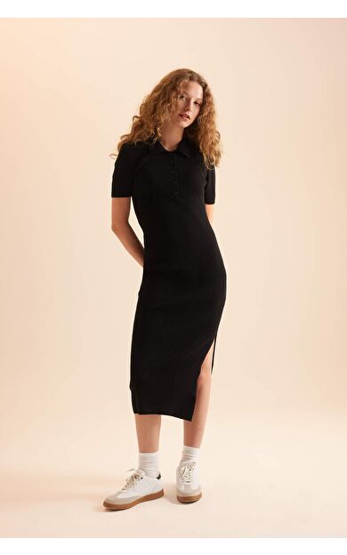 Fitted Polo Yaka Ribana Kısa Kollu Yırtmaçlı Midi Elbise