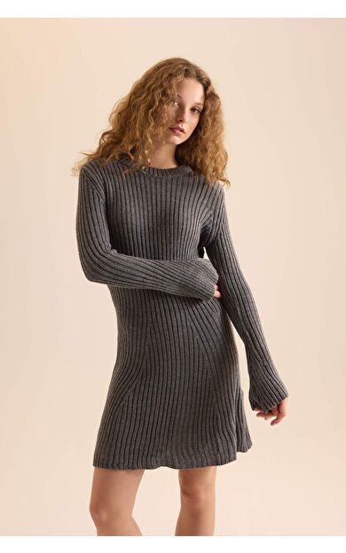 DeFacto A Kesim Bisiklet Yaka Ribana Uzun Kollu Mini Elbise