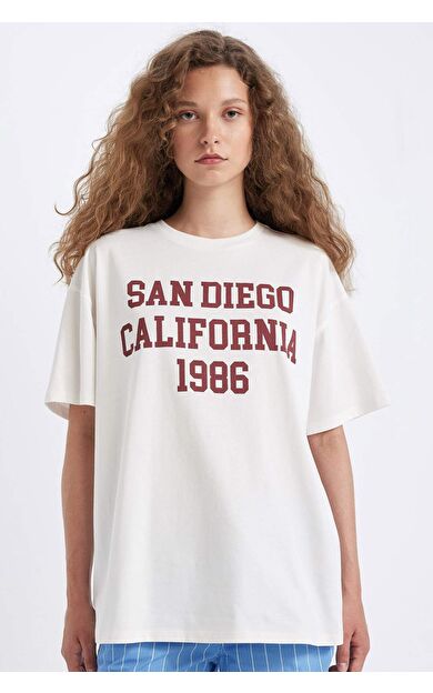 DeFactoFit Oversize Fit Bisiklet Yaka Baskılı Kısa Kollu Tişört