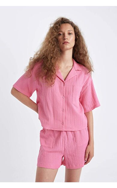 DeFactoFit Regular Fit Müslin Kısa Kollu Gömlek