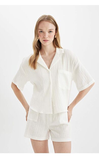 DeFacto DeFactoFit Regular Fit Polo Yaka Müslin Kısa Kollu Gömlek