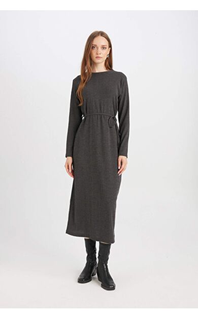 Regular Fit Bürümcük Uzun Kollu Midi Elbise