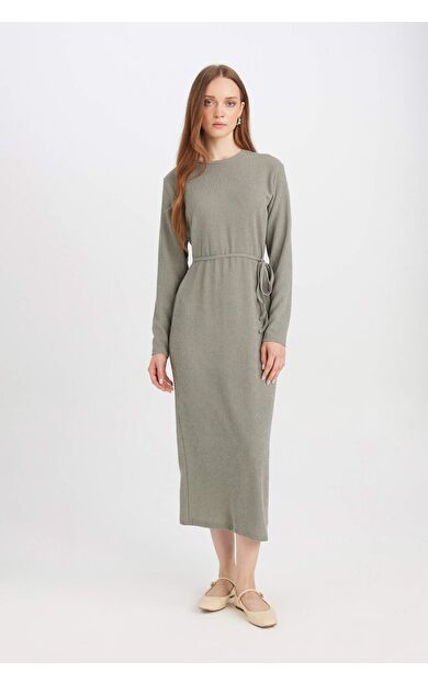 Regular Fit Bürümcük Uzun Kollu Midi Elbise