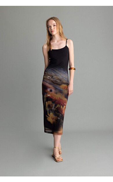 Bodycon Askılı Desenli Tül Askılı Maxi Elbise