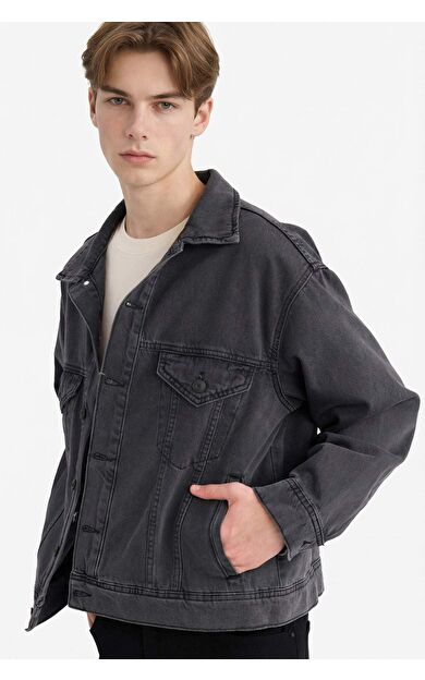 DeFacto Oversize Fit Geniş Kalıp Polo Yaka Düğme Kapamalı Cepli Yıkamalı Jean Ceket