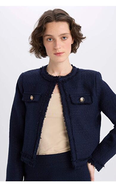 Crop Bisiklet Yaka Tweed Blazer Ceket