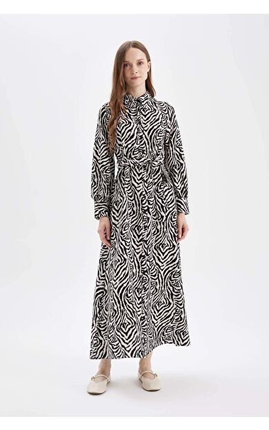 A Kesim Desenli Gömlek Yaka Uzun Kollu Maxi Elbise
