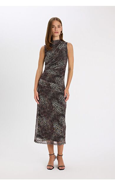 DeFacto Bodycon Bisiklet Yaka Leopar Desenli Tül Kolsuz Maxi Elbise
