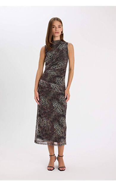 DeFacto Bodycon Bisiklet Yaka Leopar Desenli Tül Kolsuz Maxi Elbise