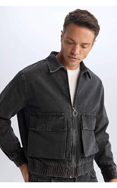 DeFacto Relax Fit Polo Yaka Fermuar Kapamalı Cepli Yıkamalı Jean Ceket