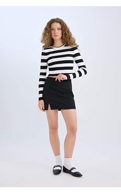 DeFacto Yüksek Bel Basic Düz Pamuk Yırtmaçlı Astarlı Mini Etek