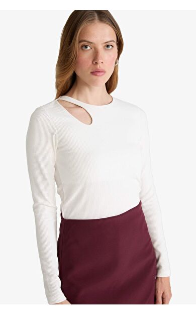 Slim Fit Dar Kesim Bisiklet Yaka Fitilli Kaşkorse Uzun Kollu Tişört D5114AX25AUER105