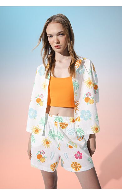 DeFacto DeFactoFit Coool Oversize Fit Pijama Yaka Kısa Kollu Gömlek D5117AX24HSWT34