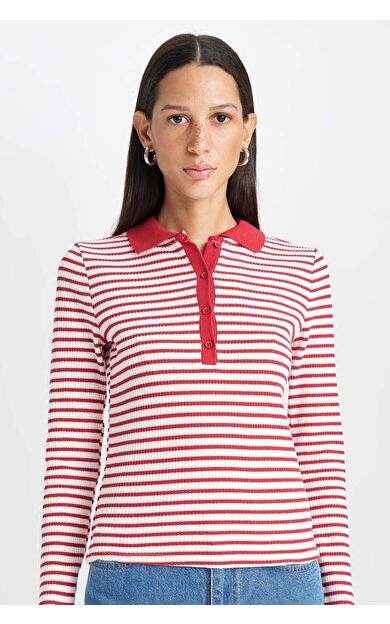 DeFacto Slim Fit Polo Yaka Çizgili Fitilli Kaşkorse Uzun Kollu Tişört
