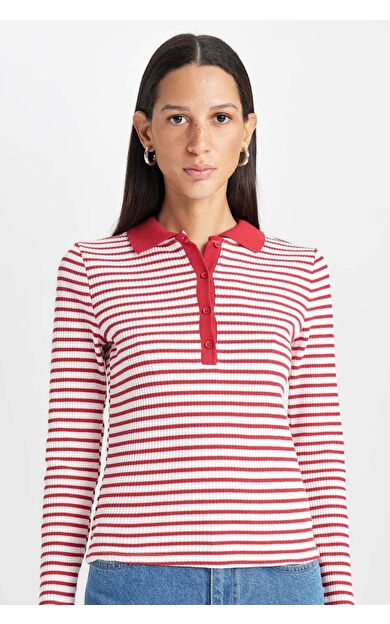 DeFacto Slim Fit Polo Yaka Çizgili Fitilli Kaşkorse Uzun Kollu Tişört
