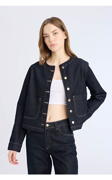 DeFacto Crop Düğmeli Cepli Jean Ceket