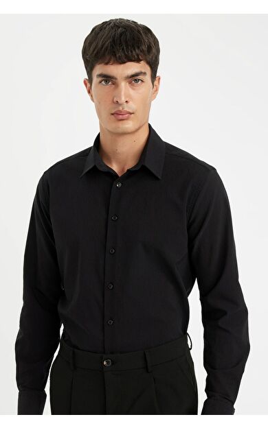 DeFacto Modern Fit Polo Yaka Krinkıl Uzun Kollu Gömlek D5187AX24AUBK81
