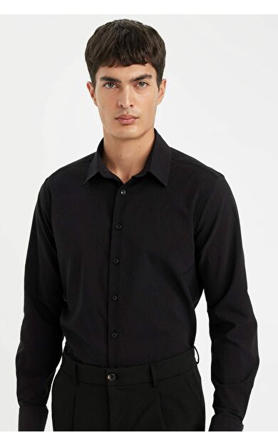 DeFacto Modern Fit Polo Yaka Krinkıl Uzun Kollu Gömlek D5187AX24AUBK81