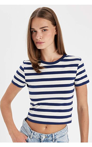 DeFactoFit Slim Fit Bisiklet Yaka Çizgili Penye Kısa Kollu Tişört