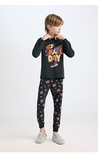 DeFacto Erkek Çocuk Baskılı Uzun Kollu Üst Beli Lastikli Desenli Uzun Alt Pijama Takımı
