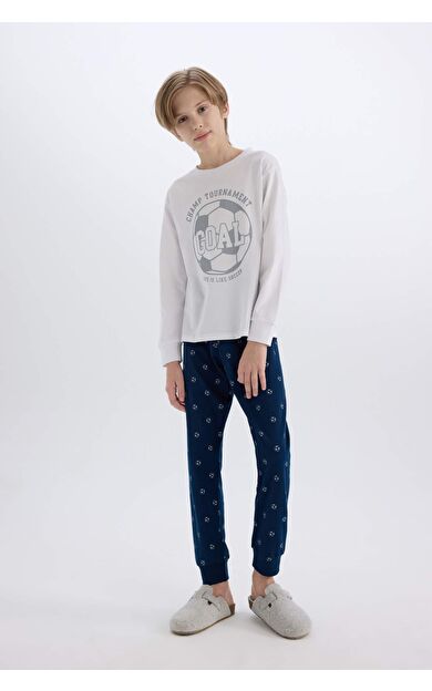 DeFacto Erkek Çocuk Pijama Takımı Regular Fit Bisiklet Yaka Baskılı Uzun Kollu Üst Desenli Alt