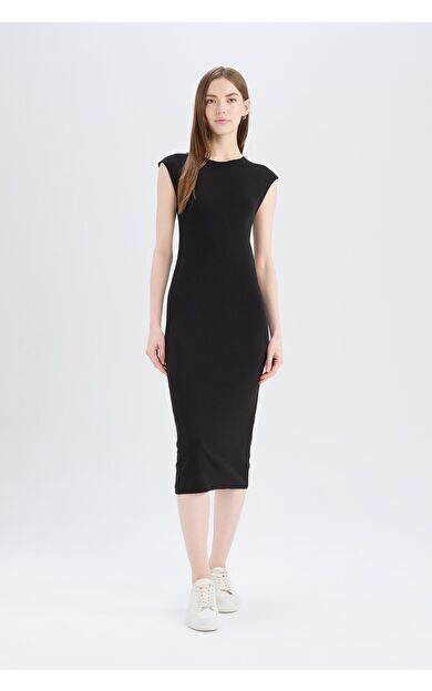 DeFacto Bodycon Vücudu Saran Bisiklet Yaka Ribana Kısa Kollu Midi Elbise