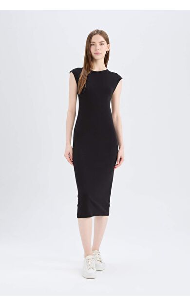 Bodycon Vücudu Saran Bisiklet Yaka Ribana Kısa Kollu Midi Elbise