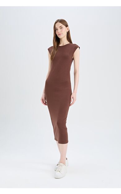 DeFacto Bodycon Vücudu Saran Bisiklet Yaka Ribana Kısa Kollu Midi Elbise