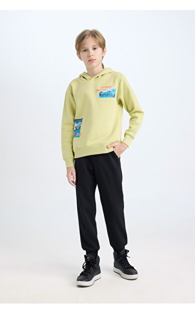 DeFacto Erkek Çocuk Kapüşonlu Baskılı Kalın Sweatshirt Beli Lastikli Jogger Eşofman Altı 2'li Takım