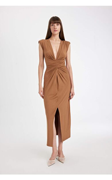 V Yaka Kolsuz Maxi Elbise