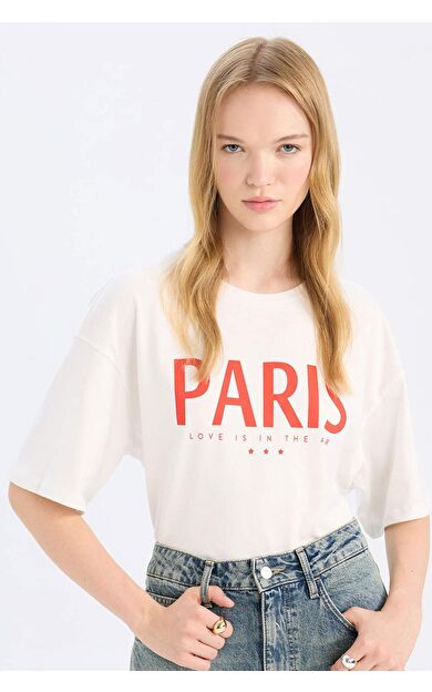 DeFactoFit Oversize Fit Bisiklet Yaka Baskılı Kısa Kollu Tişört D5276AX24AUER105