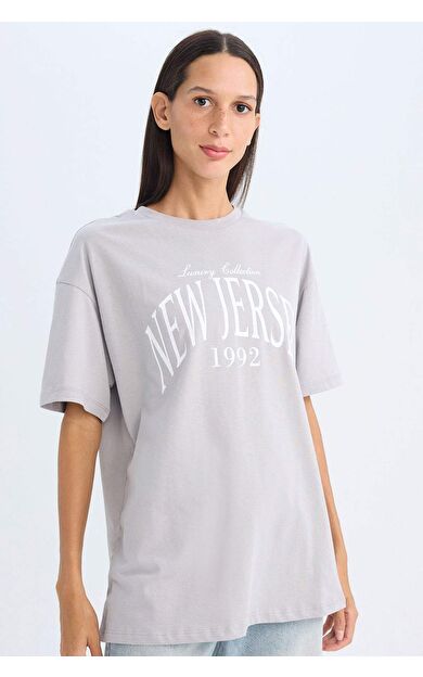 Oversize Fit Bisiklet Yaka Baskılı Kısa Kollu Tişört