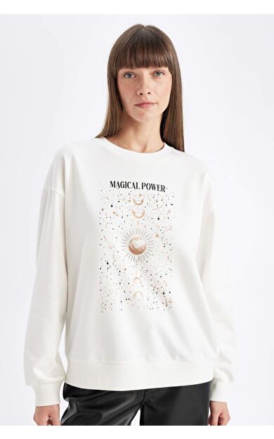 DeFacto DeFactoFit Relax Fit Bisiklet Yaka Baskılı İnce Casual Sweatshirt