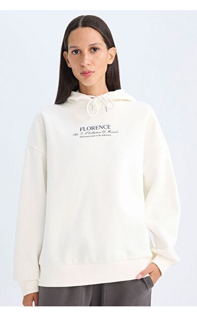 DeFacto Oversize Fit Kapüşonlu Baskılı Kalın Casual Sweatshirt