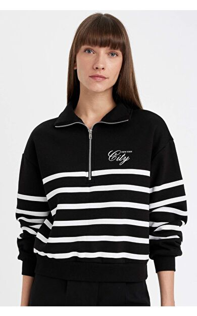 DeFacto Regular Fit Yarım Fermuarlı Çizgili Kalın Casual Sweatshirt